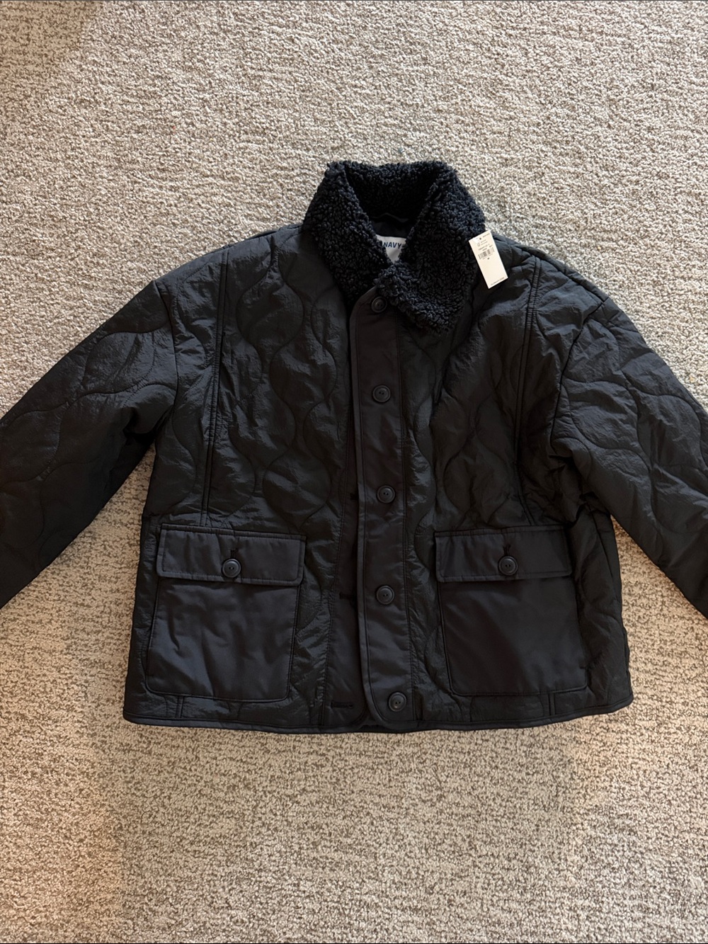 Old Navy Black Quilted Puffer Jacket with Sherpa Collar
